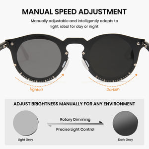 Sunglasses with manual speed adjustment and brightness control features on a white background.