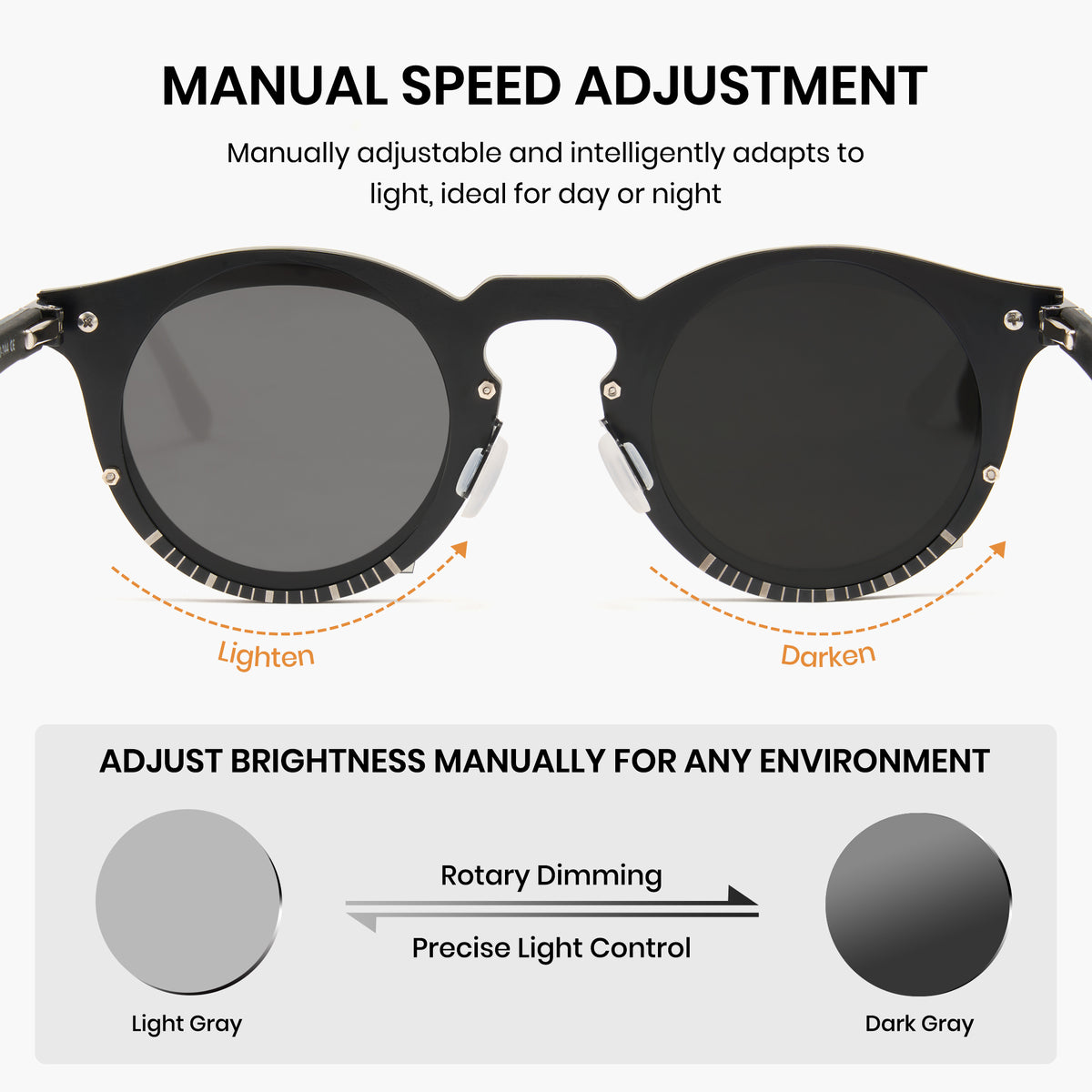 Sunglasses with manual speed adjustment and brightness control features on a white background.