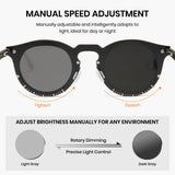 Sunglasses with manual speed adjustment and brightness control features on a white background.