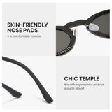 Sunglasses with text highlighting skin-friendly nose pads and chic temple design on a white background