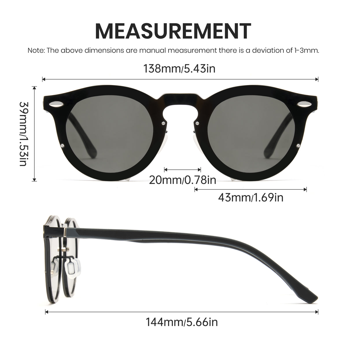 Sunglasses with dimensions labeled on a white background