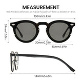 Sunglasses with dimensions labeled on a white background