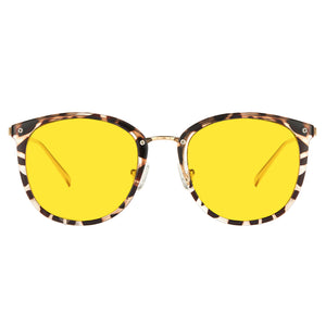 Square yellow sunglasses with a tortoiseshell patterned frame and gold metal hinges, shown against a plain white background.