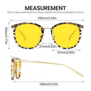 Measurement diagram of round sunglasses with yellow lenses and a tortoiseshell-patterned frame, showing front and side views with dimensions labeled on a white background.