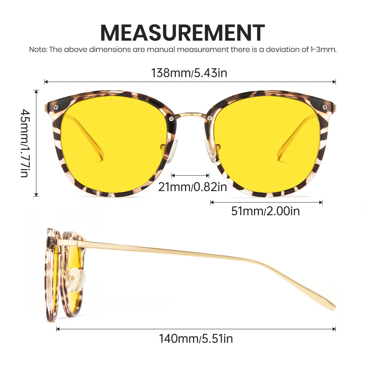 Measurement diagram of round sunglasses with yellow lenses and a tortoiseshell-patterned frame, showing front and side views with dimensions labeled on a white background.