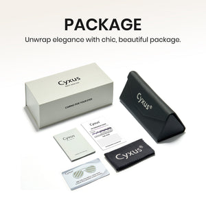 Cyxus eyewear care and storage package on a white background, including a light gray presentation box, a black zip case, a black microfiber cloth, and printed cards. Large text at the top reads 'PACKAGE' with a tagline below.