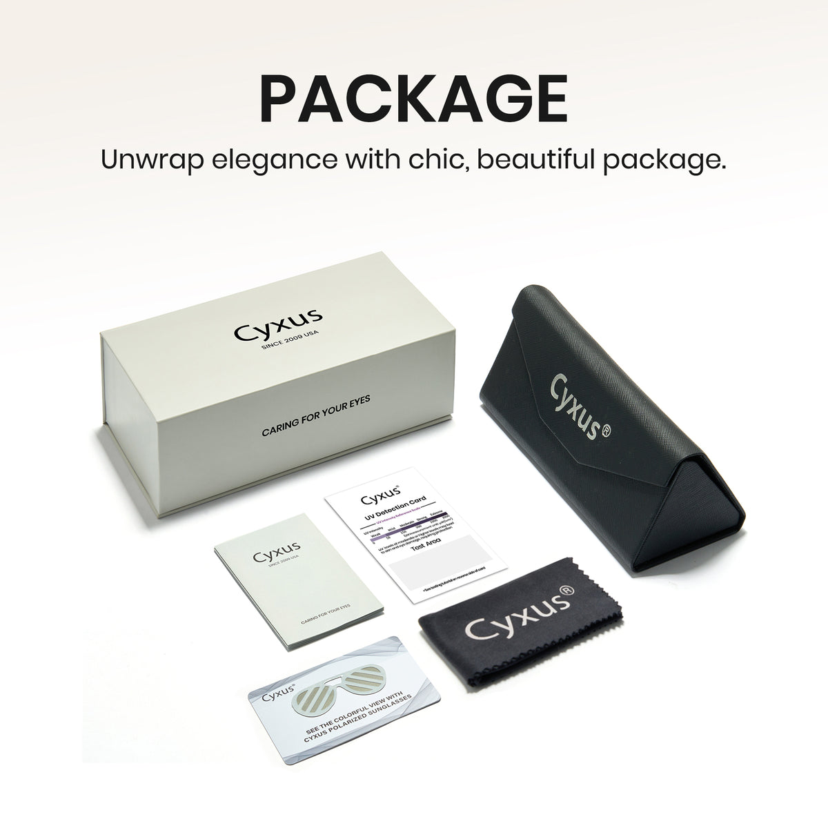 Cyxus eyewear care and storage package on a white background, including a light gray presentation box, a black zip case, a black microfiber cloth, and printed cards. Large text at the top reads 'PACKAGE' with a tagline below.